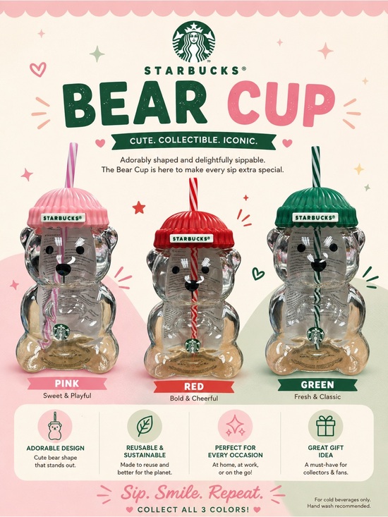 Starbucks Other - Starbucks Pink/Red/Green Bear Cup with Lid and Straw…. Sold Individually!
